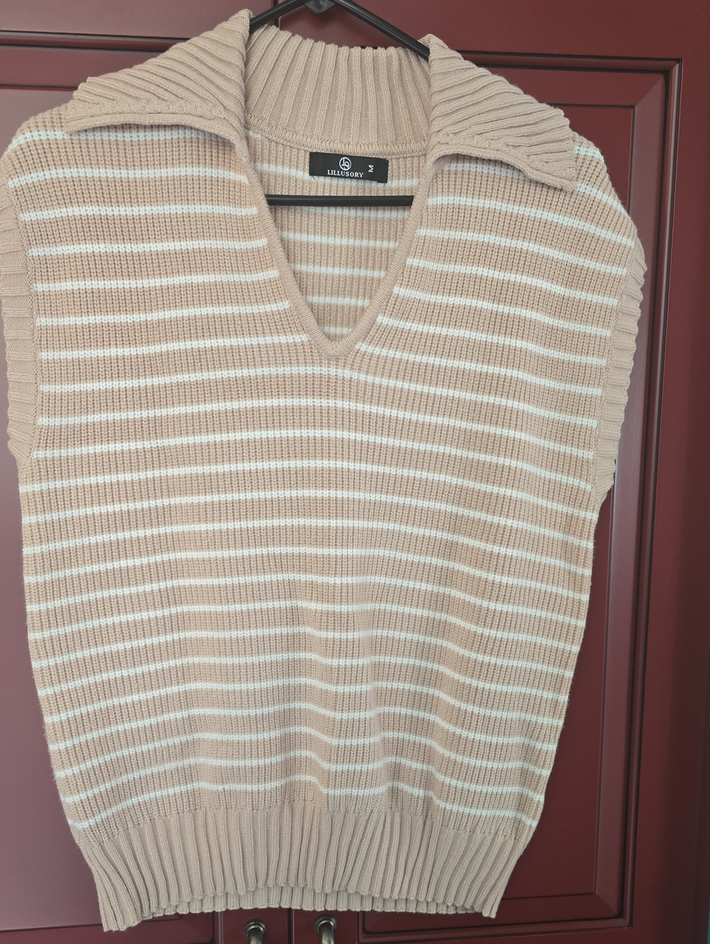 BRELLISORY Beige & White Striped V-Neck Sweater Vest